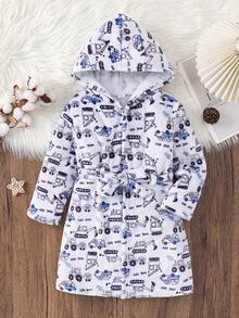 SHEIN Kinder Junge Herbst/Winter Cartoon Auto Muster Langarm Kapuzen Doppelseitig Flanell Loungewear Bademantel - Rot - Übersicht 1