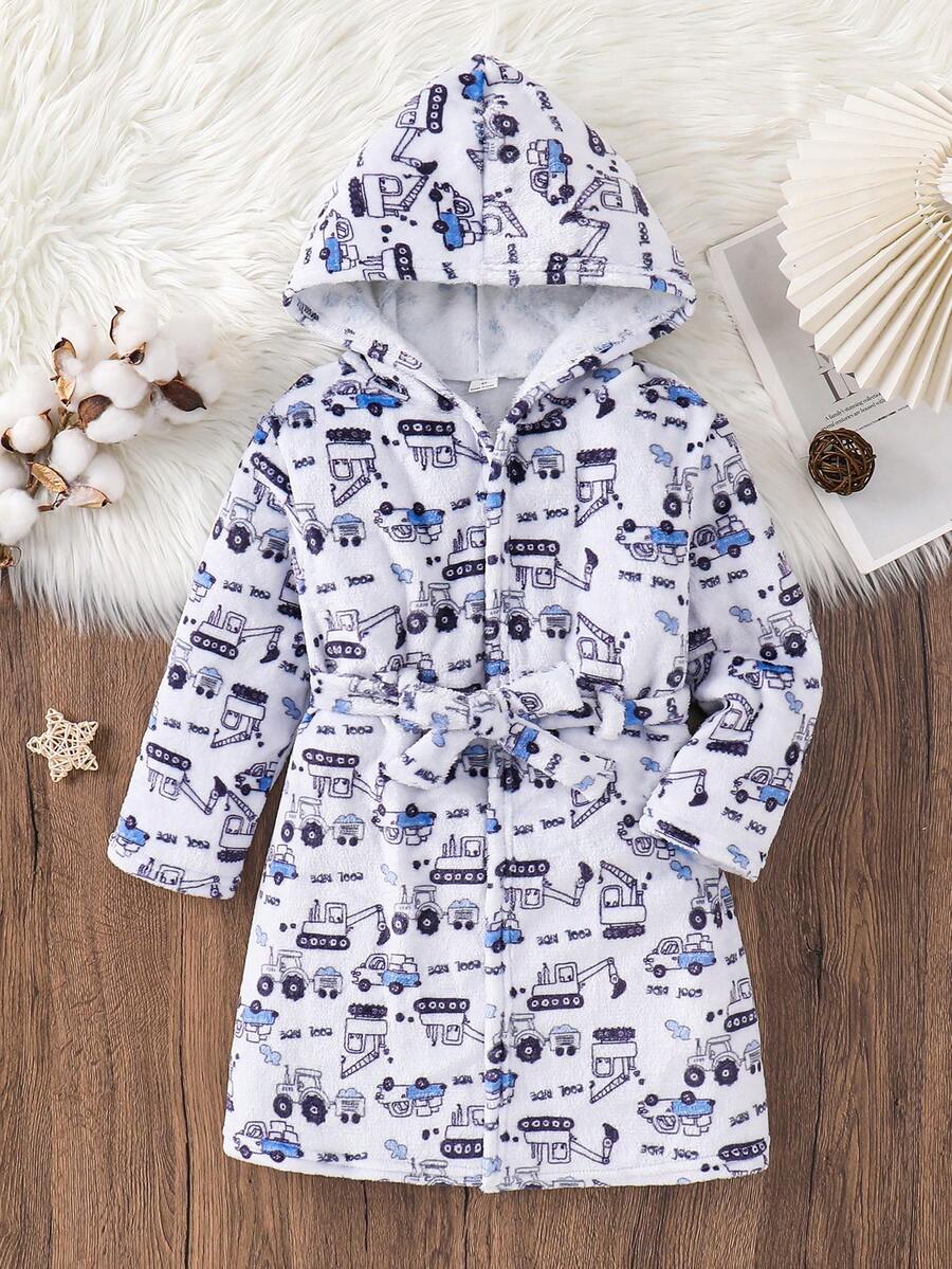 SHEIN Kinder Junge Herbst/Winter Cartoon Auto Muster Langarm Kapuzen Doppelseitig Flanell Loungewear Bademantel - Rot - Übersicht 1