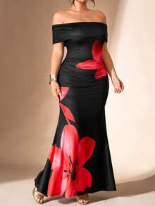 Rometta Women's Plus Size Square Neck Slim Fit Ruched Bodycon Elegant Long Dress For Party And Date - Black - View 1