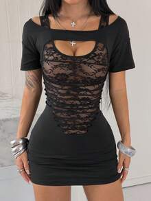 SHEIN HypeZone Vestido mini ajustado con patchwork de encaje sexy de verano - Multicolor - Ver 3