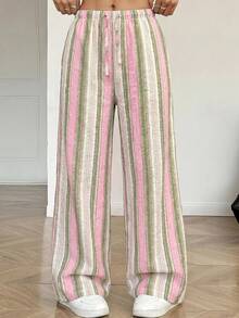 SHEIN Celana Panjang Longgar Kasual Bergaris Biru & Putih Tenun untuk Remaja Perempuan dengan Tali Serut dan Kaki Lebar - MultiWarna - View 3