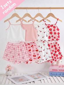 [Random 1 Set] Teen Girls Pajamas New Cherry, Bow, Strawberry Combination Print Knitted Cami Top With Contrast Ruffle Hem And All-Over Print Shorts 2-Piece Loungewear Set - Purple - View 2