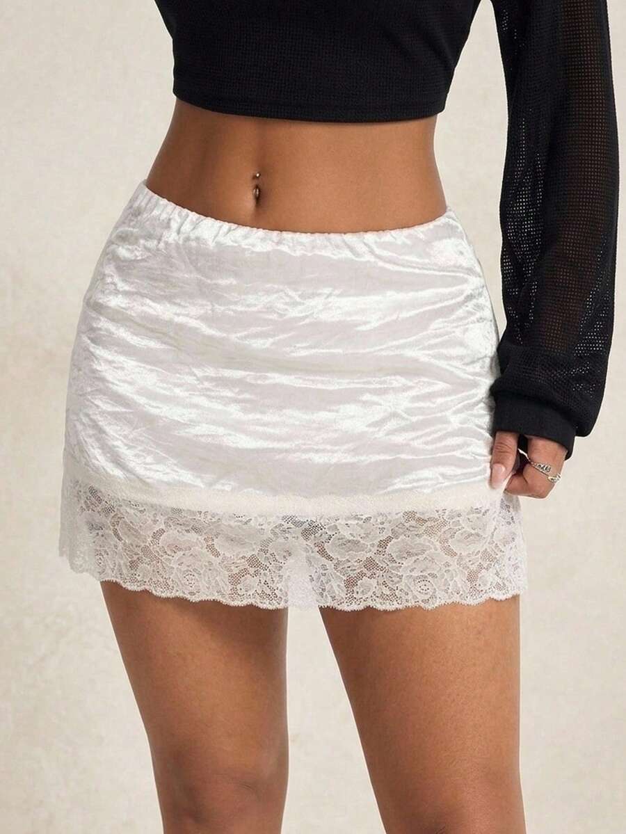 SHEIN ICON Saia Elegante de Verão Feminina com Patchwork de Renda em Cor Sólida - Branco - Visão 1