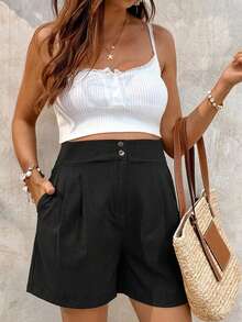 SHEIN Maternity Solid Color Minimalist Business Casual Versatile Elastic Waist Button Pleated Shorts Beach Summer - Black - View 1