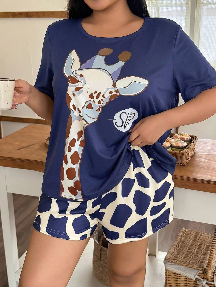SweetSlumber Conjunto de Shorts y Camiseta de Manga Corta Casual Talla Grande con Estampado de Jirafa - Azul Marino - Ver 1