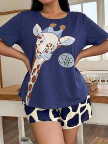 SweetSlumber Conjunto de Shorts y Camiseta de Manga Corta Casual Talla Grande con Estampado de Jirafa - Azul Marino - Ver 5
