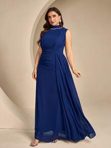 Coutiva High-End Evening Gown Ball Dress With Sequin And Pearl Neckline, Elegant Sophisticated Luxury Style - Navy Blue - View 1