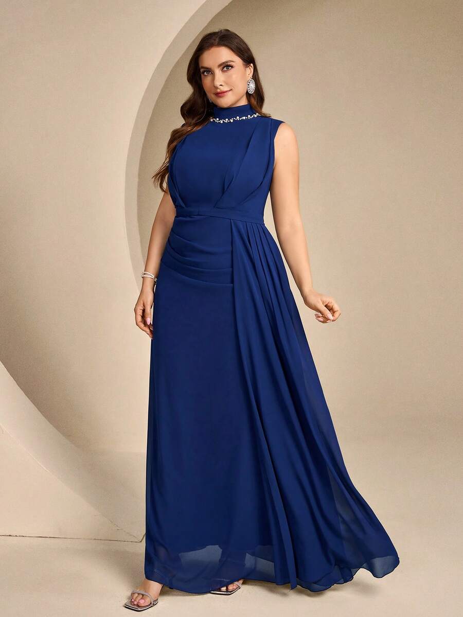 Coutiva High-End Evening Gown Ball Dress With Sequin And Pearl Neckline, Elegant Sophisticated Luxury Style - Navy Blue - View 1