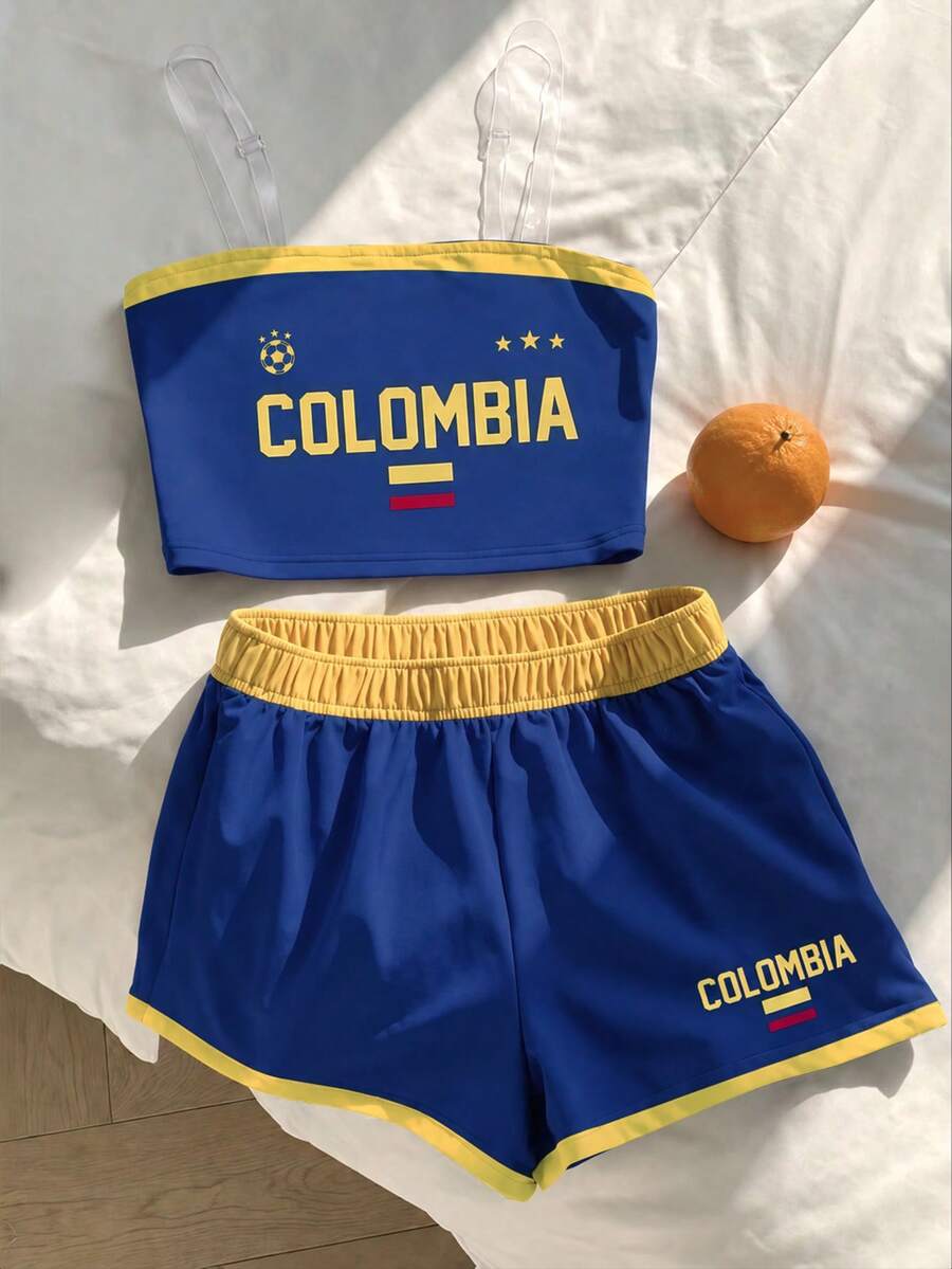 Tween女孩復古休閒時尚藍色字母COLOMBIA套裝,適合夏季復古、學院風、經典,2026世界盃運動時尚穿搭 - 彩色 - 查看 1