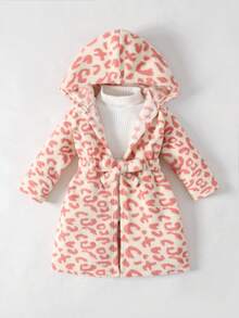 SHEIN 女童豹紋保暖內裡加厚毛絨連帽長袖繫帶家居睡袍 秋冬款 - 彩色 - 查看 8