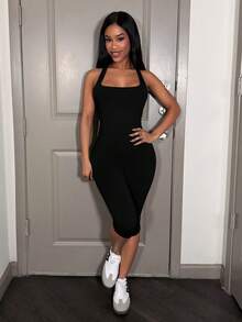 Slaydiva Women's Black Summer Casual Work Tight Jumpsuit,Y2K Street Sweet U-Collar I-Shaped Vest Slim-Fit 3/4 Pants, Style Sporty Basic Bodysuit - Black - View 6