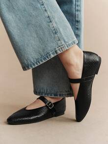 Rosivie Buckle Simple Daily Generous Fashion Versatile Casual Walking Workplace Commuter Women Flat Shoes - Quiet Night Black. - View 4
