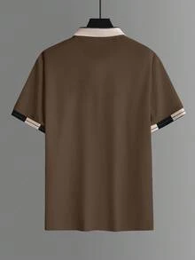 Manfinity Homme 男士珠飾刺繡羅紋領短袖休閒 Polo 衫，儀式穿著 - 棕色 - 查看 4