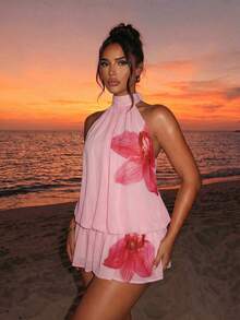 Sirith Women's Floral Print Halter Casual Tropical Date Beach Vacation Outing Short Dress Pink Floral Summer - Pink - View 1