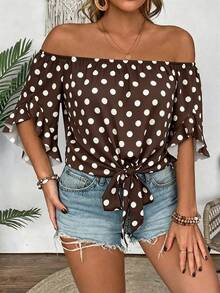 EMERY ROSE Plus Size Women's Summer Off-Shoulder Tie-Front Ruffle Cuff Polka Dot Blouse - Coffee Brown - View 3