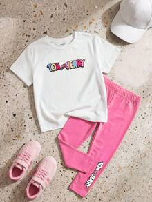 TOM & JERRY X SHEIN GraphicGems 少女字母印花短袖T恤和粉色裤子休闲两件套，夏季 - 白色 - 查看 1