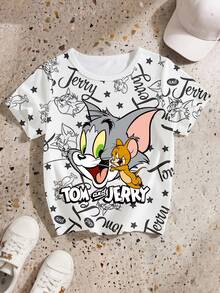 TOM & JERRY X SHEIN GraphicGems 1件装青少年男童休闲卡通印花圆领短袖T恤，夏季 - 彩色 - 查看 3