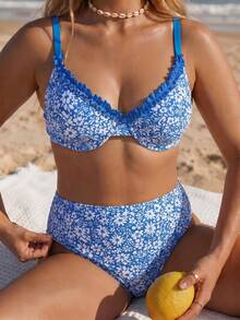 Swim Mod Plus-Size Ditsy Floral Underwire Push-Up Bikini Set (European And American Styles) - Blue - View 1