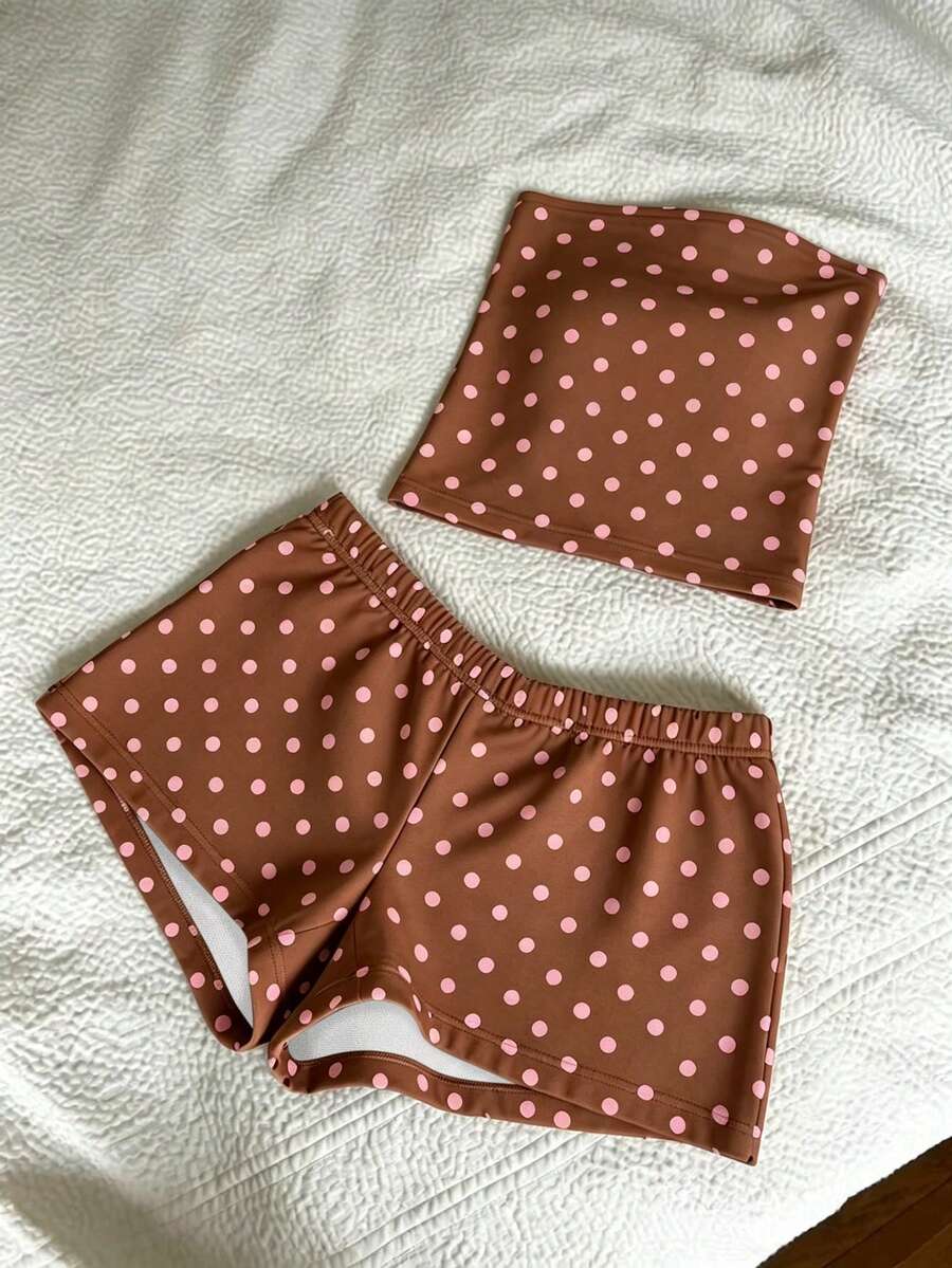 IslaSuriya Women's Summer Vacation Polka Dot Print Bandeau Top And Shorts 2pcs Set - Brown - View 1