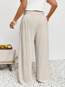 Lounesse Plus Size Women's Casual Ruffled Waist Tie Bow Pocket Loose Pants, Suitable For Spring & Summer - Apricot - View 2