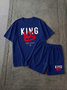 Lornexis Men's Summer Letter Print Round Neck Short Sleeve Casual T-Shirt And Drawstring Waist Shorts Set - Blue - View 3