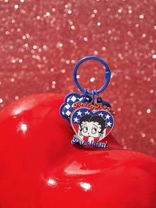 Betty Boop x SHEIN 1PC Betty Boop Blue And White Checkerboard Love Cute Girl Keychain Ring Accessories Bag Paint Bell Decoration Key Ring Small Pendant - Blue - View 2