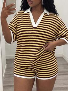 Slaydiva Conjunto de top y shorts a rayas casual de talla grande para primavera/verano - Amarillo - Ver 1