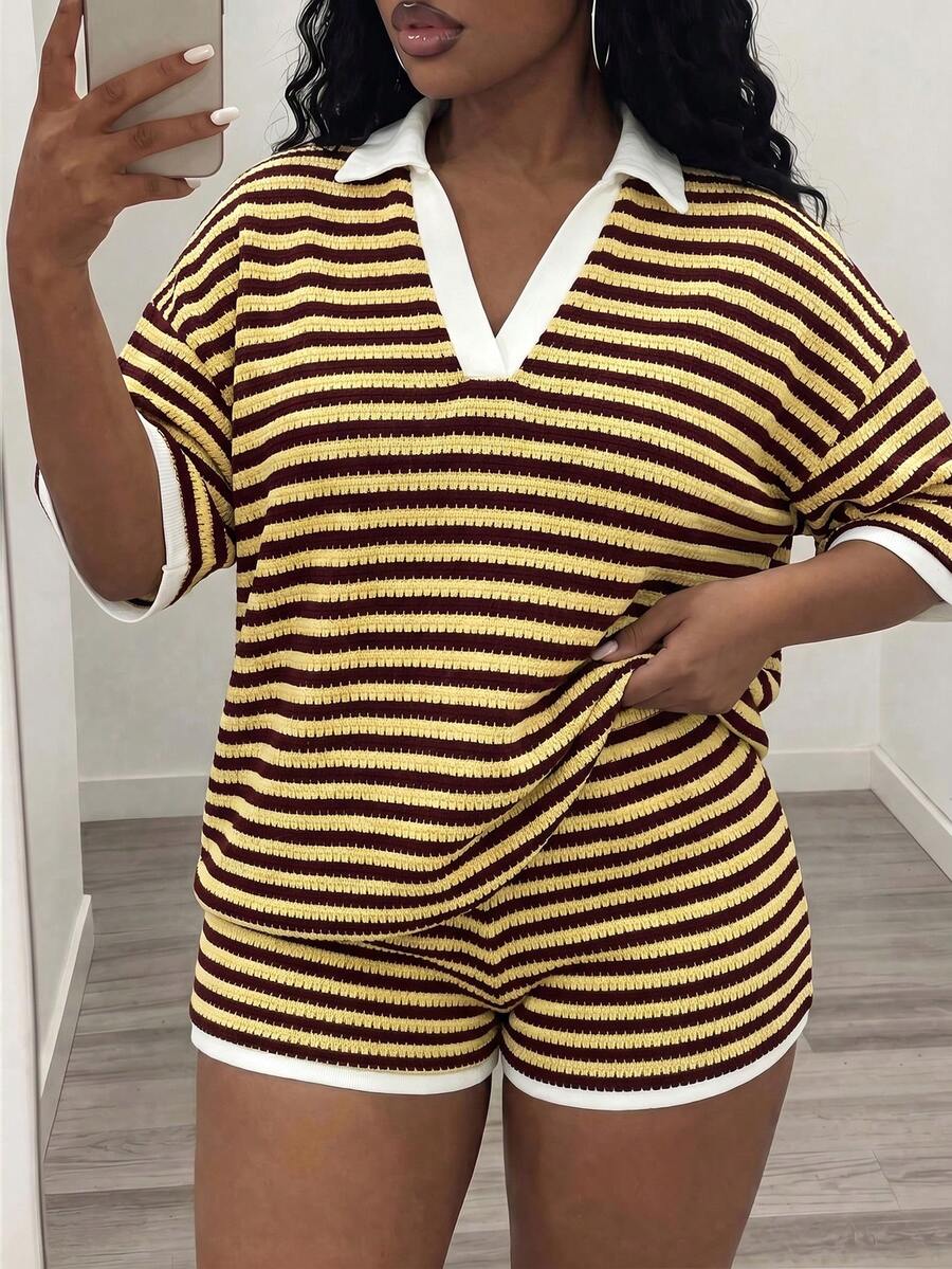 Slaydiva Conjunto de top y shorts a rayas casual de talla grande para primavera/verano - Amarillo - Ver 1