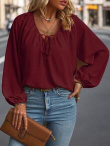 Plus Size Spring/Autumn Casual Solid Color Lantern Sleeve Shirt Fall Cloth For Women - Burgundy - View 1