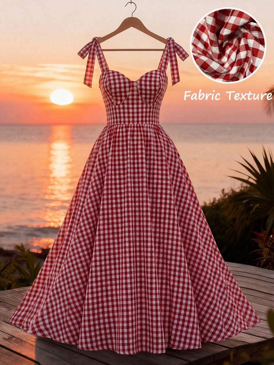 SHEIN LUNE CURVE 大码复古法式束腰红白格子摆裙，高端优雅户外背心裙 - 彩色 - 查看 1