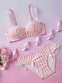 Elorette 2pcs Pink 1/2 Cup Push Up Underwire High Support Lace Patchwork Bow Sweet Cute Women's Lingerie Set - Pink - View 8