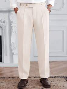 Core Aspect Men's Solid Color Bamboo Slub Texture Mid-Waist Double Pleated Straight Leg Casual Business No Belt Loop Zipper 9/10 Length Pants - Apricot - View 3