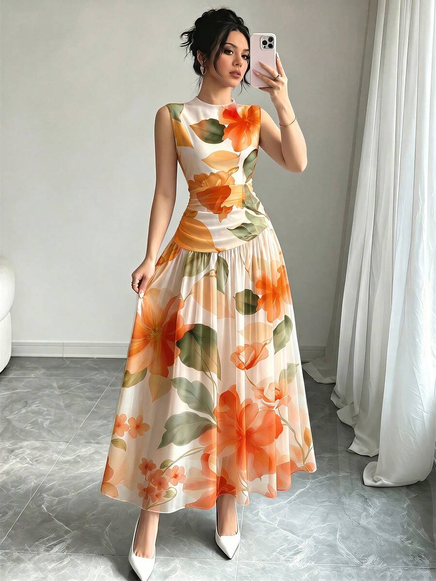 Modelyn 橘色花卉印花V領無袖長洋裝,女款時尚抓皺腰長版雪紡洋裝,花卉圖案杏色雪紡長洋裝,適合夏季度假與優雅日常穿著 - 彩色 - 查看 1