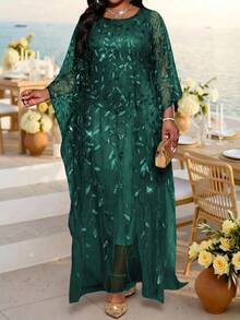 Fleurora Plus Size Elegant Formal Elegant Party Evening Wedding Sequin Embroidered Mesh Dress Dark Green Summer - Dark Green - View 2