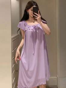 DAZY 甜美輕盈荷葉邊網紗短洋裝夏季女款睡裙 - 淡紫色 - 查看 4