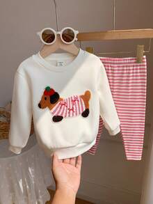 SHEIN Setelan Baju Sweatshirt Lengan Panjang dan Celana Panjang Bergaris Motif Kartun Lucu Kasual untuk Bayi Perempuan (3 Setelan, Dapatkan 1 Setelan Acak) - Putih - View 9