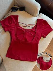 Franclia Plus Size Women's Solid Color Fitted Versatile Everyday Outing Top - Burgundy - View 1