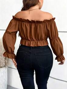 Vionelle Blusa corta con volantes y mangas con hombros descubiertos. Top peplum. - Café integral - Ver 2