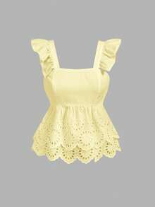 SHEIN MOD Women's Sweet Fashion Lace Multi-Layer Hem Elegant Blouse - Light Yellow - View 4
