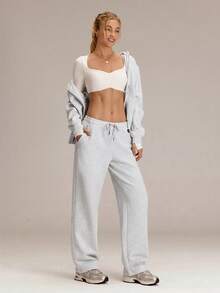 GLOWMODE 30'' Everyday Fleece Wide Leg Adjustable Drawstring Waist Basic Joggers Sweatpants With Side Pockets Daily Casual Fall Winter - Light Grey - View 7