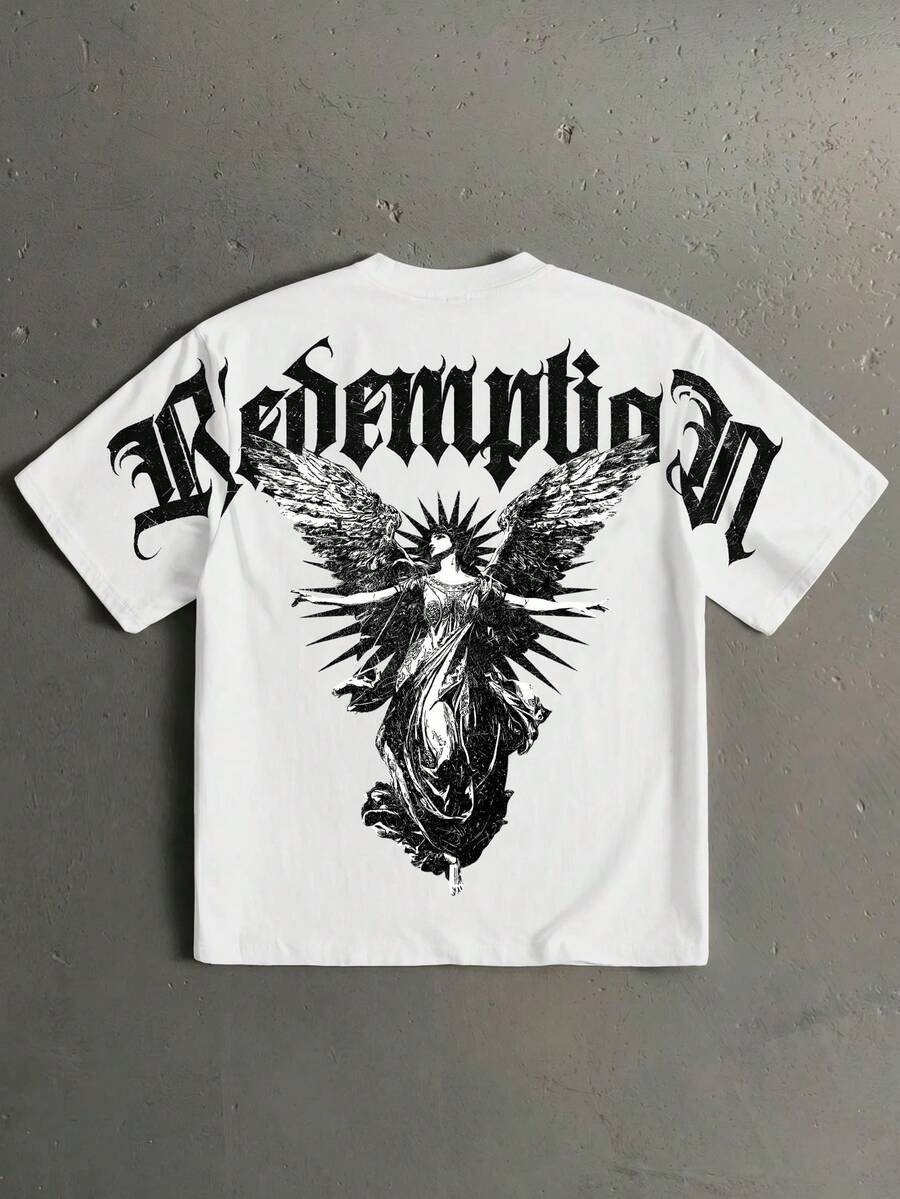 Manfinity Roghcode Men's Summer Casual Angel Letter Print Loose Drop Shoulder T-Shirt - White - View 1
