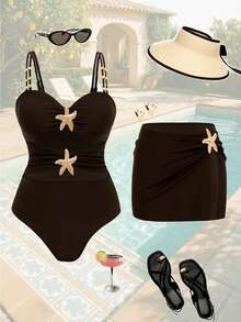 Swim Oasis 2026新款連身泳衣 素色拼接海星裝飾 度假海灘裙兩件套 - 咖啡棕 - 查看 1