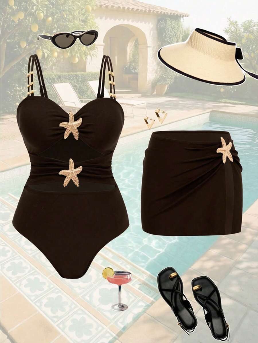Swim Oasis 2026新款連身泳衣 素色拼接海星裝飾 度假海灘裙兩件套 - 咖啡棕 - 查看 1