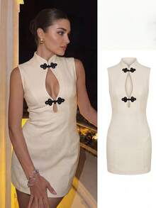 Firerie Women's New Chinese Style Black And Cream Stand Collar Contrast Color Frog Button Design Sleeveless Hollow Out Slim Fit Sexy Exquisite Knit Cheongsam - Apricot - View 6