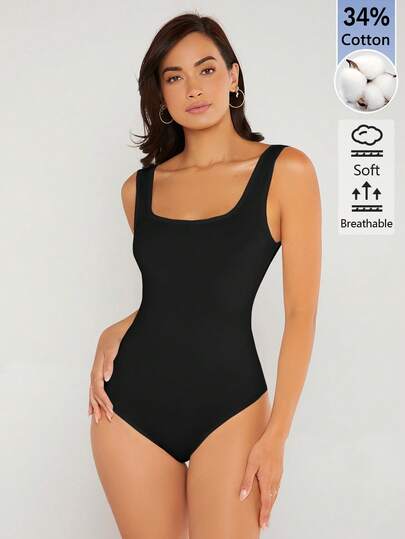 SHEIN BASICS Kadın Düz Renk Kare Yaka Askılı Body, Günlük Gündüz Kullanımı İçin Tamamen Siyah Yazlık Temel Minimalist Casual Lounge