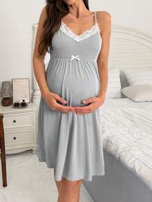 Moonlight&Mama BloomMama Basic Casual Fashion Light Blue Ribbed Fabric White Lace Trim Camisole Nightgown & Robe Maternity Set - Light Grey - View 5