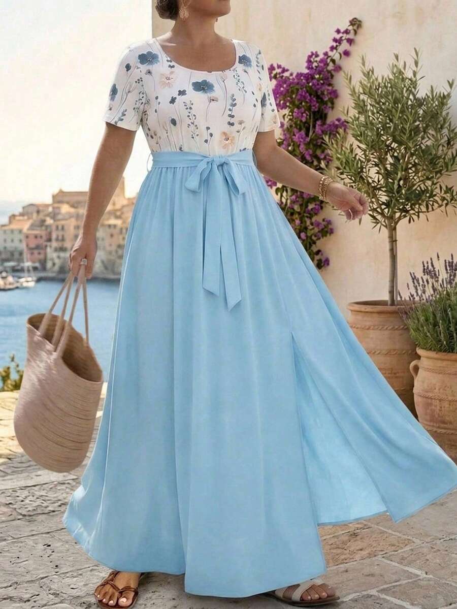 SHEIN Frenchy 大码女式印花系腰休闲派对连衣裙 - 藍白色 - 查看 1