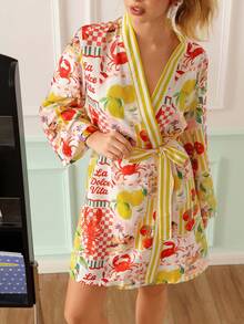Chillnights Women's Young Casual Colorblock Lemon Tomato Lobster Striped Print Tie-Up Comfortable Loose Woven Robe - Multicolor - View 1