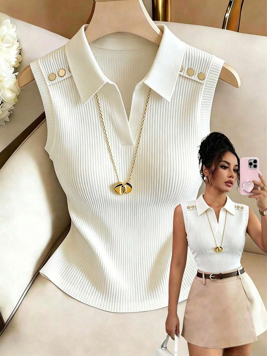 Selianne 女款優雅通勤 Polo 領背心，日常穿著，適合教師 - 白色 - 查看 1