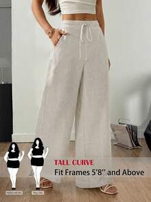 SHEIN Tall CURVE Damen Große Größen einfarbige Leinen Kordelzug Weites Bein Taschen Strukturierte Lässig Hose, Vintage Stil Locker Sitzende Leinen Hose, Sommer Strand Urlaub Hose, Cargohose - Aprikosenfarben - Übersicht 3